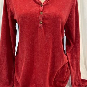 Coldwater Creek Long Sleeve Henley Tee Distressed Red button medium